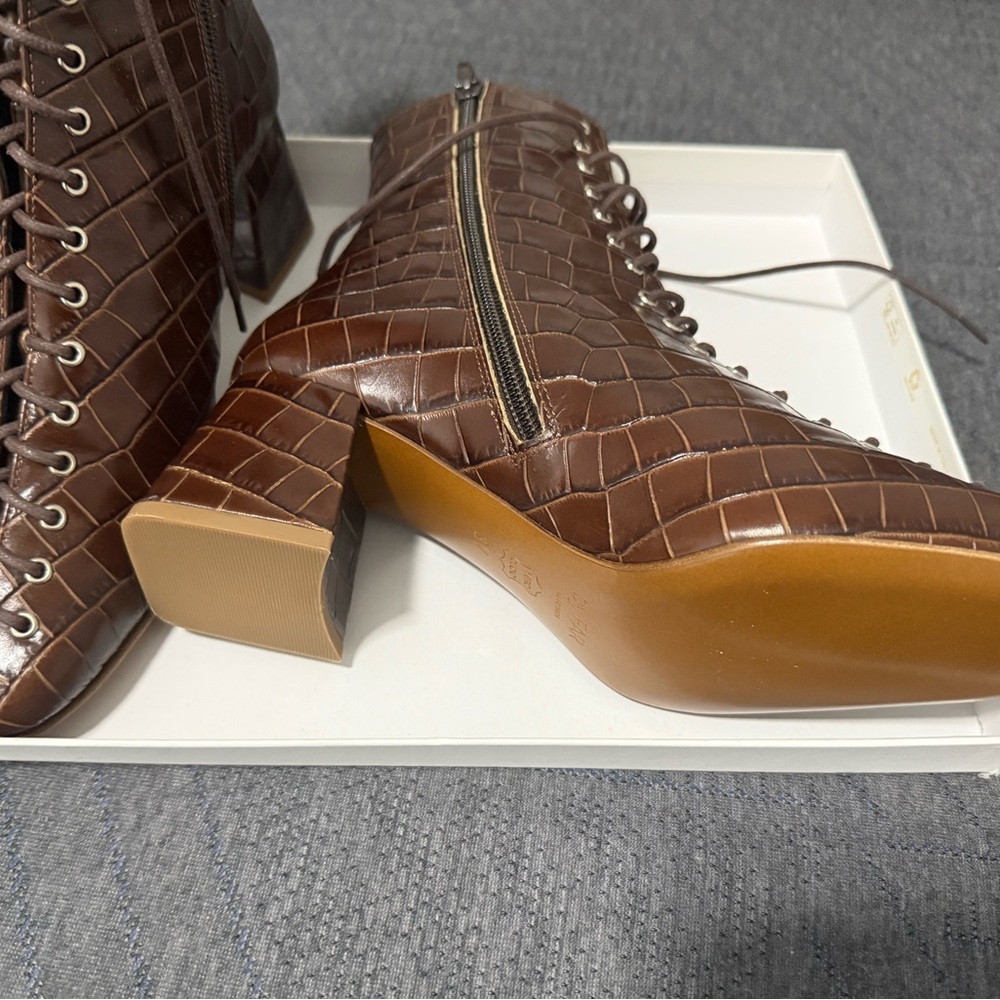 BY FAR Brown Croc-Embossed Heeled Boots